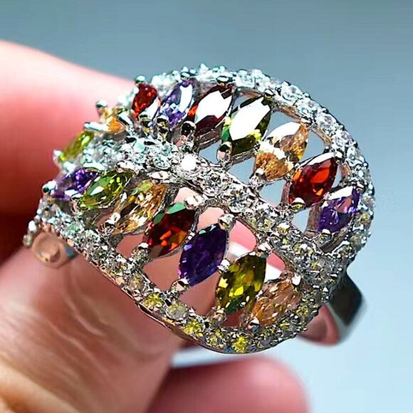18K Gold Plated Rainbow Ring, Marquis Cut, Zircon, Multicolor - Picture 2 of 7